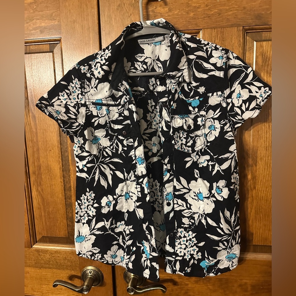 Oleg Cassini Weekend Floral Button Down Blouse Medium Black Blue Cotton - Picture 6 of 12